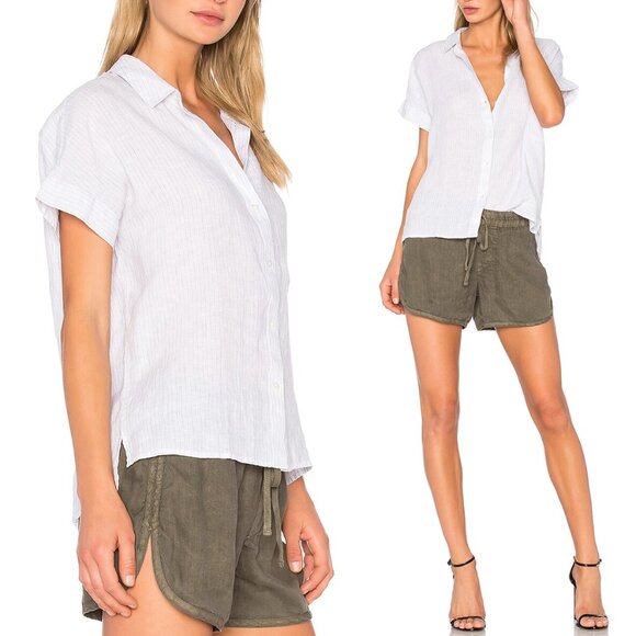 James Perse 100% Linen Striped Short Cap Sleeve Button Up Shirt White 0 XS $185 - Picture 2 of 16